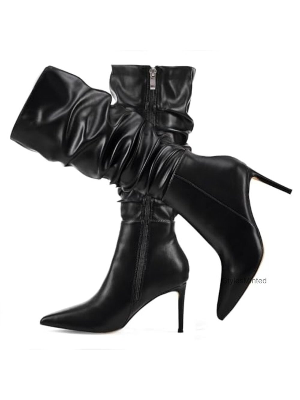 Mid Calf Boots Pointed Toe Stiletto Heels Faux Leather Side Zipper Tall Boots